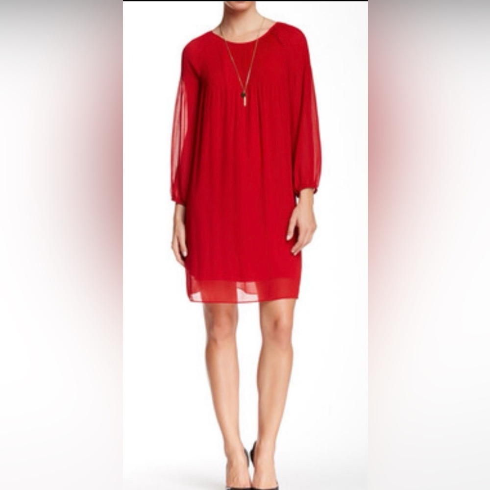 Max Studio Red Chiffon Shift Dress Pleated Yoke Sheer Sleeves - Size Small